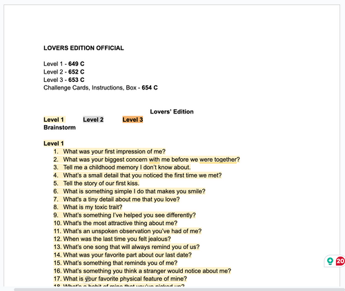 Our first For Lovers question list